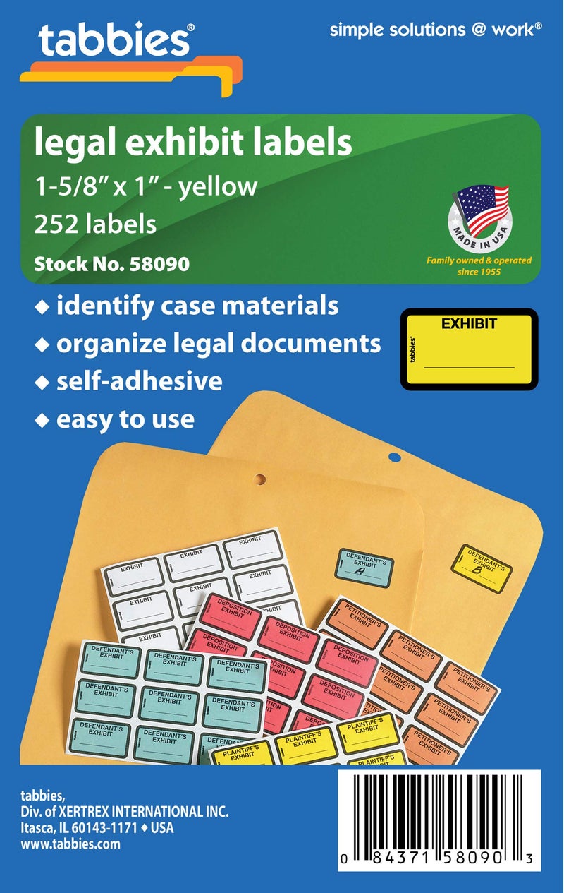 Tabbies Legal Exhibit Labels  Label: 1-5/8""W x 1"" H  Sheet: 5-1/4""W x 3-1/4""H  Yellow Exhibit 252 Labels/Pack (58090) - Image 5